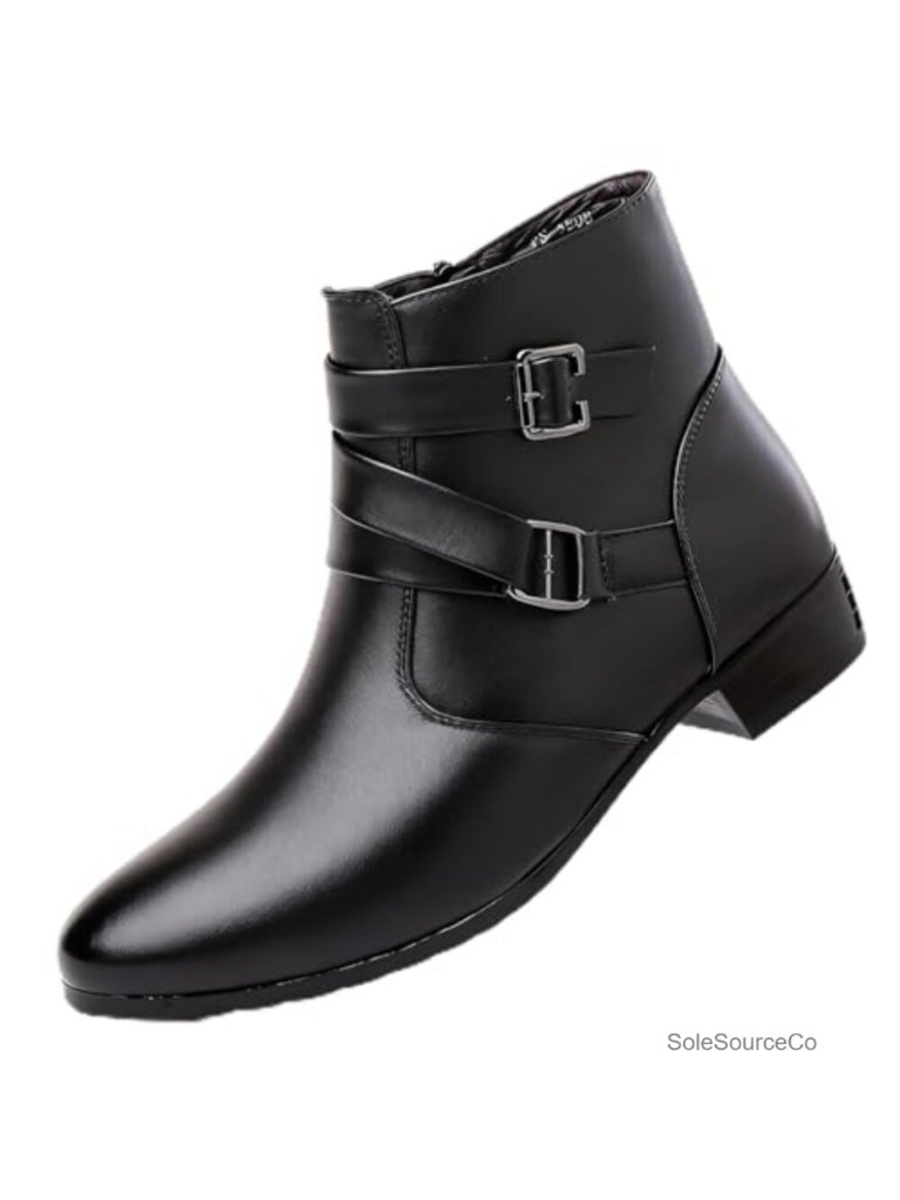 Men's PU Leather Chelsea Boots Pointed Toe Side Zipper Buckle Block Heel Ankle